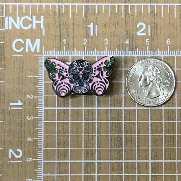 Pink Butterfly Moth Floral Sugar Skull Enamel Pin Brooch Spooky Goth - Picture 3 of 6